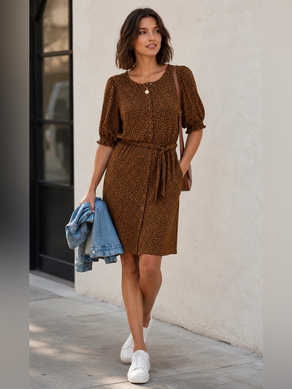 Garnet Hill Jersey Knit Midi Dress Brown Knee Length Button Front XS